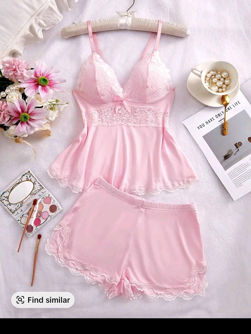 Delicate Pink Satin Lace Cami & Shorts Set